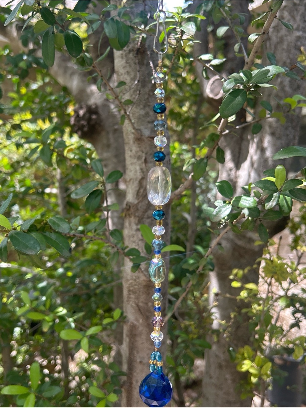 11.75” Handmade blue and navy crystal beaded strand suncatcher